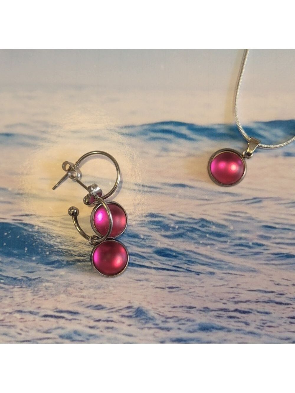 Purple Crystal Sea Glass Rhinestone Dangle Hoop Earrings - Picture 6 of 6